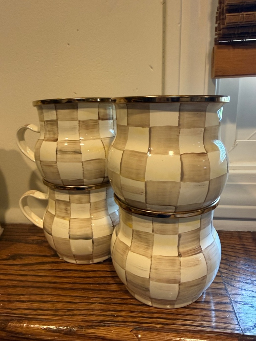 MacKenzie-Childs Mocha Checked Mugs in Cream and Taupe with Metallic Trim Set 4